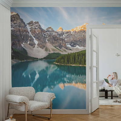 Peel and stick wall mural for living room with a mountain reflection design