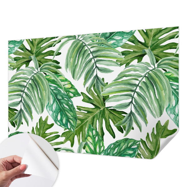 Peel and stick wall mural for living room with an exotic leaves design