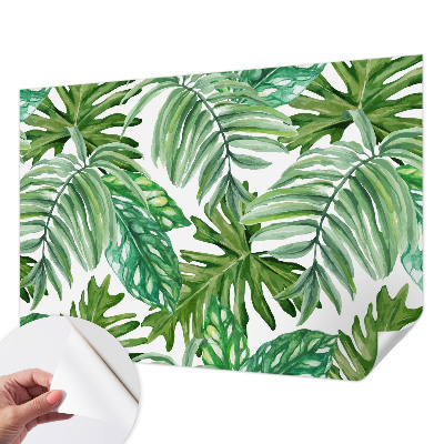 Peel and stick wall mural for living room with an exotic leaves design