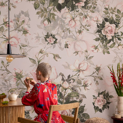 Peel and stick wall mural for bedroom with a floral pattern