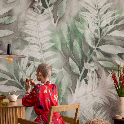 Children's wall mural with a watercolor leaves design