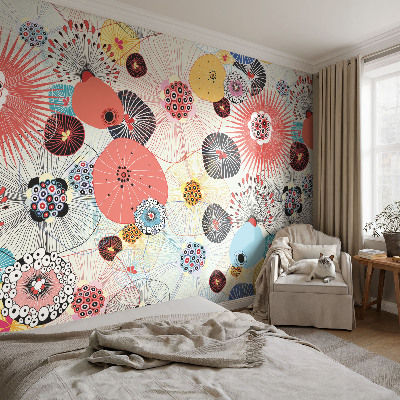3D wall mural with colorful flowers