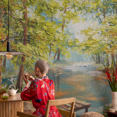Peel and stick wallpaper mural with an idyllic lake scene