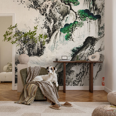 Removable wall mural wallpaper with a nature waterfall design