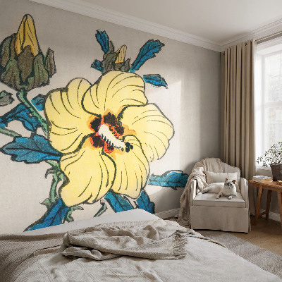 Peel and stick wall mural for living room with a yellow flower motif