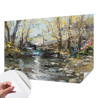 Children's wall mural with a forest stream motif