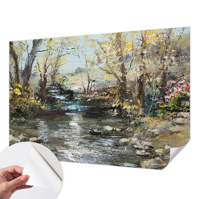 Children's wall mural with a forest stream motif