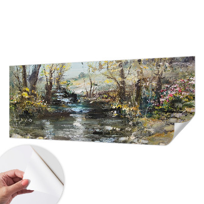 Children's wall mural with a forest stream motif
