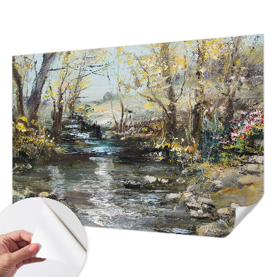 Children's wall mural with a forest stream motif