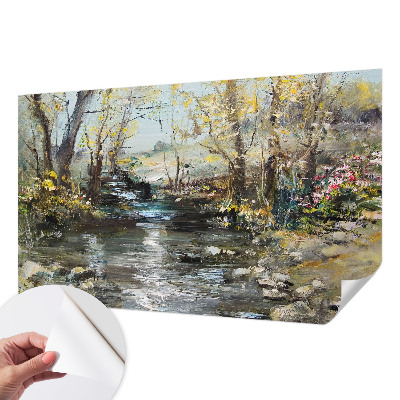 Children's wall mural with a forest stream motif