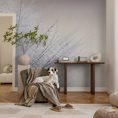 Peel and stick wall mural for living room with a dewy dandelion design