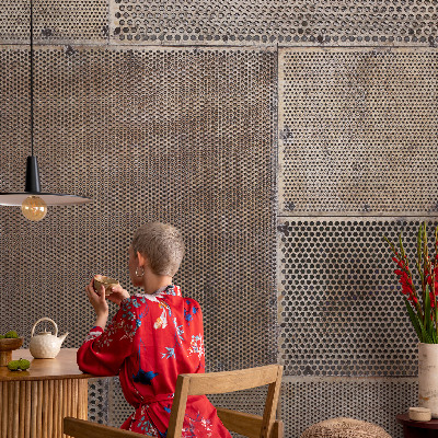 Self-adhesive wall mural with metallic pattern