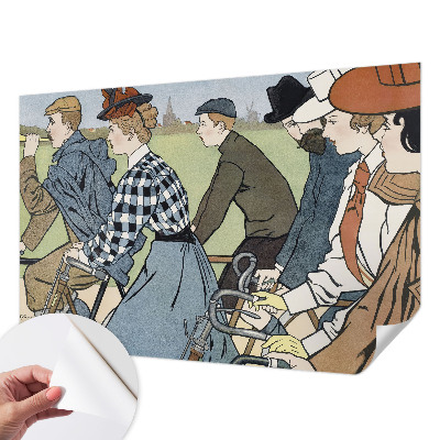 Peel and stick wall mural for living room with a vintage cyclists design