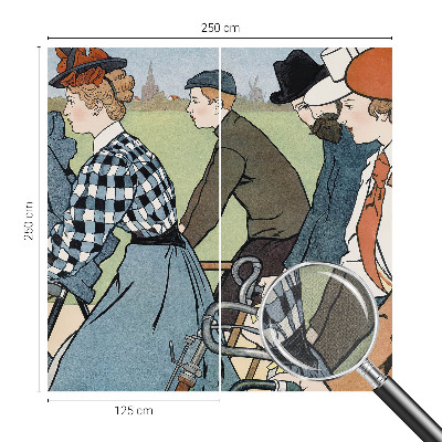 Peel and stick wall mural for living room with a vintage cyclists design