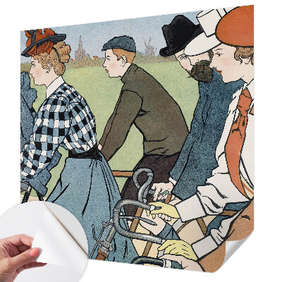 Peel and stick wall mural for living room with a vintage cyclists design