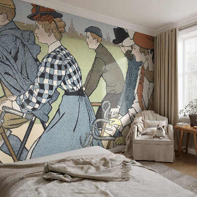 Peel and stick wall mural for living room with a vintage cyclists design