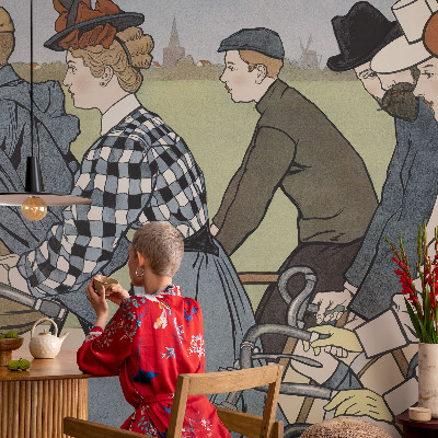 Peel and stick wall mural for living room Vintage cyclists