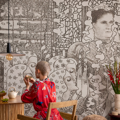 Baby room wall mural with floral portraits
