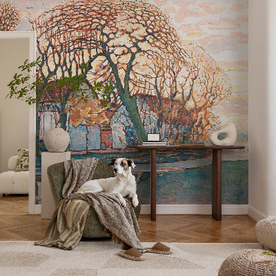 Removable wall mural wallpaper with an idyllic landscape design