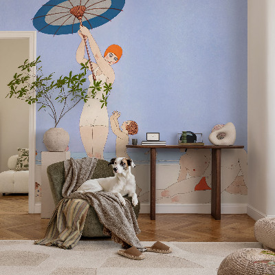 Peel and stick wall mural for bedroom with a retro beach design