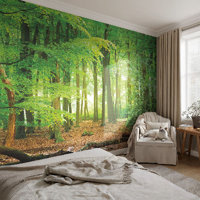 Peel and stick wallpaper mural with a green forest design
