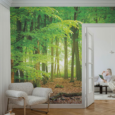 Peel and stick wallpaper mural with a green forest design