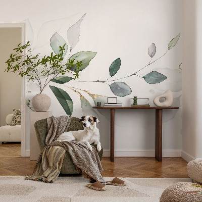 Self-adhesive wall mural with green leaves design