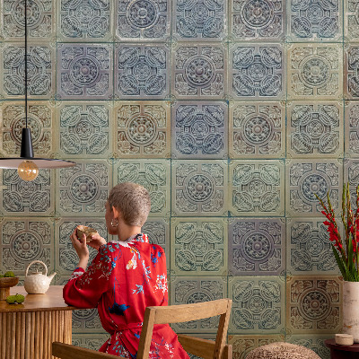 3D wall mural with a geometric tile motif