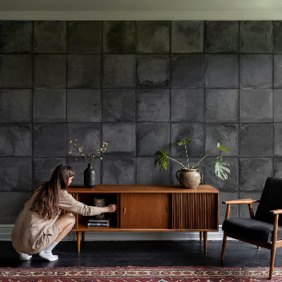 3D photo wallpaper mural with a gray tile pattern