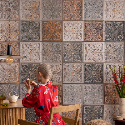 Nursery wall mural with an ornamental tile pattern