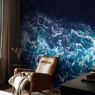 Self-adhesive wall mural with a sea waves design