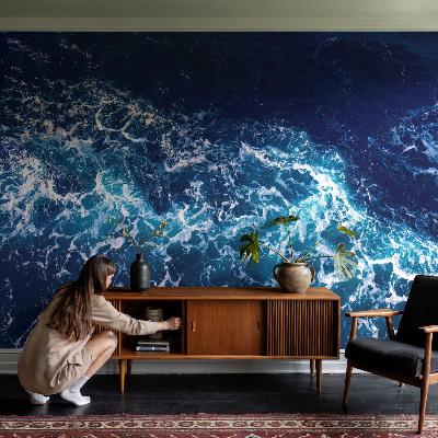 Self-adhesive wall mural with a sea waves design