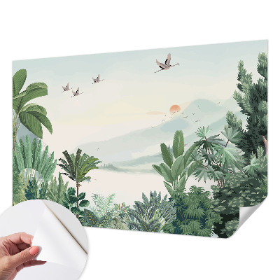 Peel and stick wall mural for living room with a tropical oasis design
