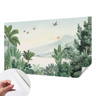 Peel and stick wall mural for living room with a tropical oasis design