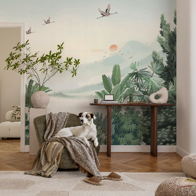 Peel and stick wall mural for living room with a tropical oasis design