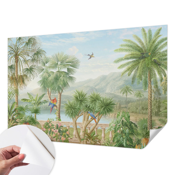 Self-adhesive wall mural with an exotic landscape design