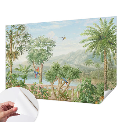 Self-adhesive wall mural with an exotic landscape design