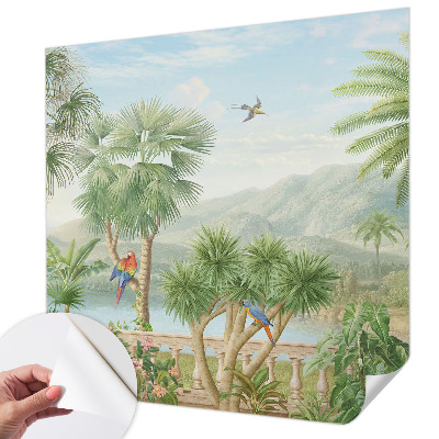 Self-adhesive wall mural with an exotic landscape design