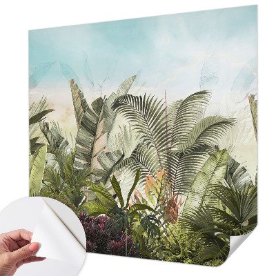 Peel and stick wall mural for living room with a tropical paradise design