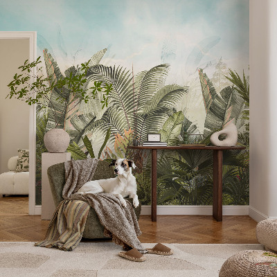 Peel and stick wall mural for living room with a tropical paradise design