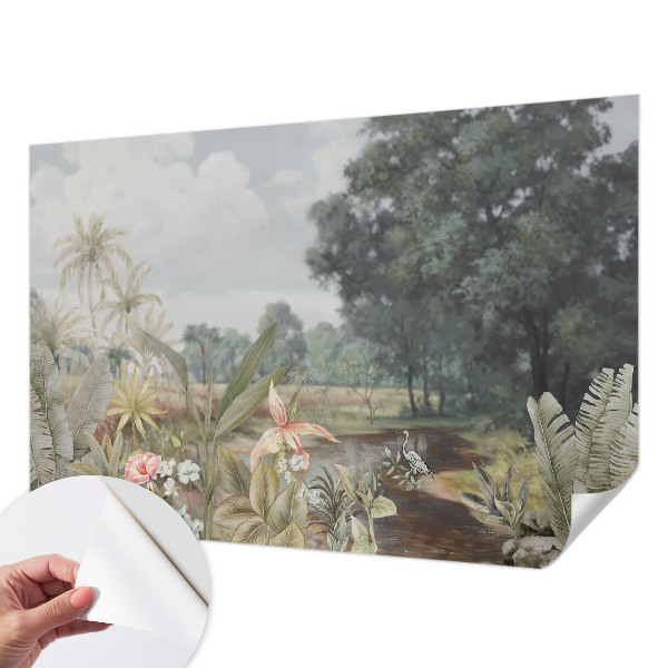 Nursery wall mural with an exotic landscape design