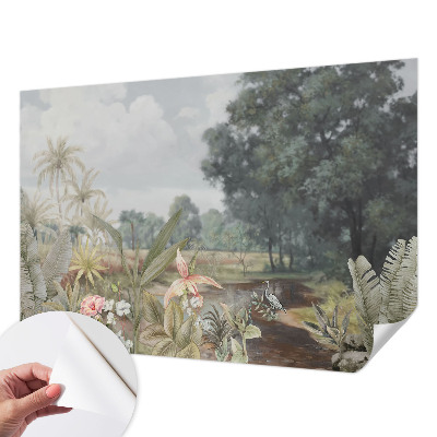 Nursery wall mural with an exotic landscape design