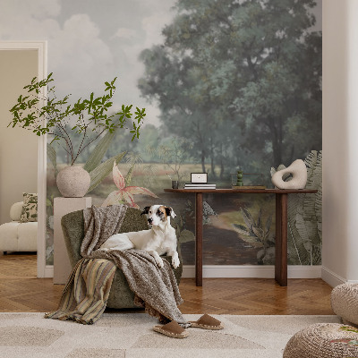 Nursery wall mural with an exotic landscape design