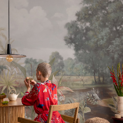 Nursery wall mural with an exotic landscape design