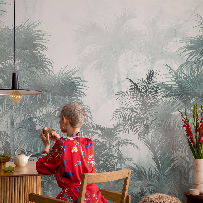 Peel and stick wall mural for kids' room with an exotic green botanical pattern