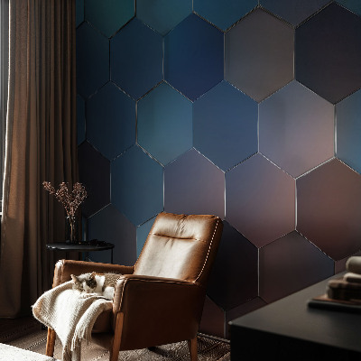 Peel and stick wallpaper mural with a blue hexagon pattern