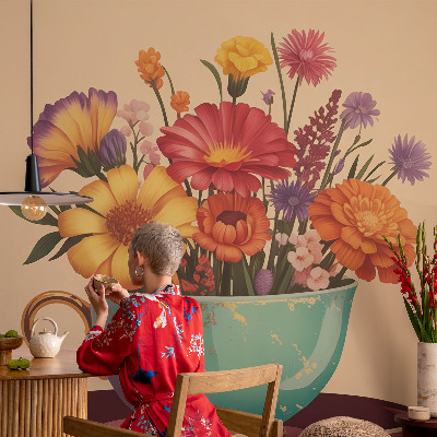3D wall mural with a colorful bouquet design