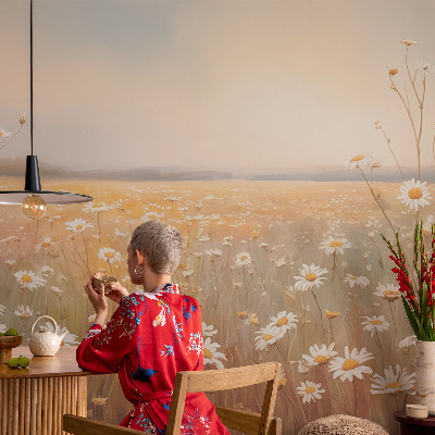 Peel and stick wall mural for the living room with a flower meadow design