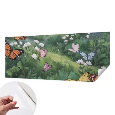 Baby room wall mural with a butterflies-in-the-meadow design