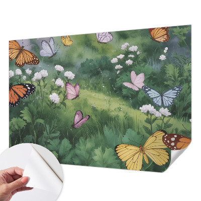 Baby room wall mural with a butterflies-in-the-meadow design